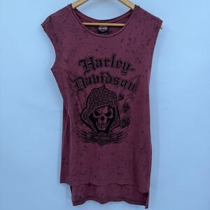 Harley-Davidson Hooded Skull Rhinestone Acid Wash Sleeveless Tee Small Purple